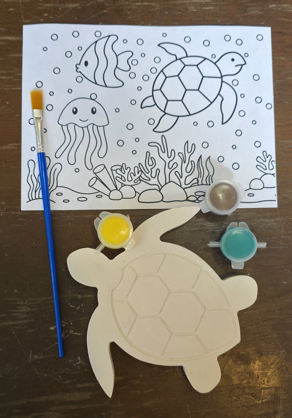 Sea Turtle plaster paint kit with paints, brush, and ocean coloring sheet