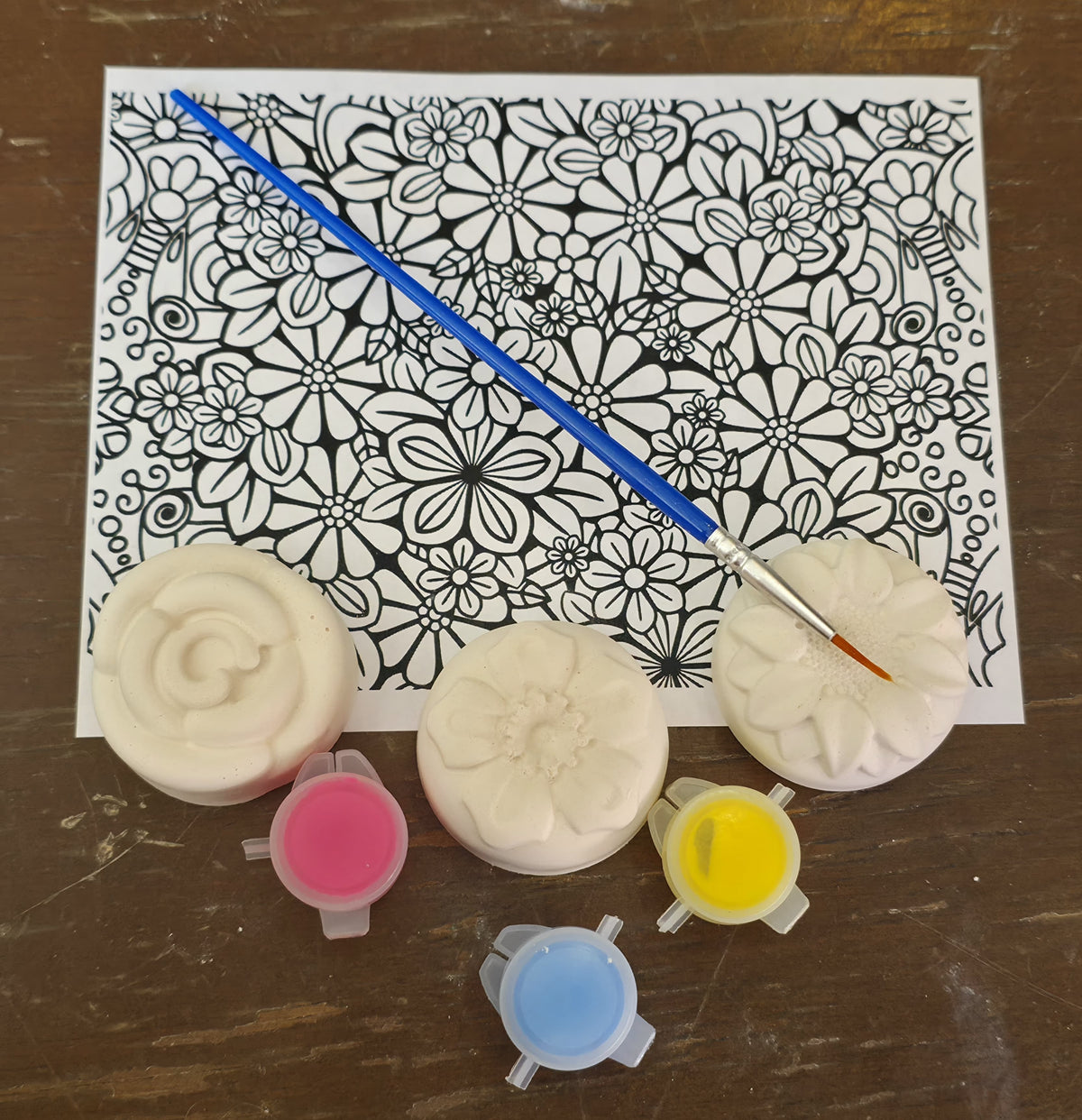 Flower Garden plaster paint kit with paints, brush, and coloring sheet
