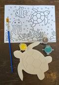 Sea Turtle plaster paint kit with paints, brush, and ocean coloring sheet